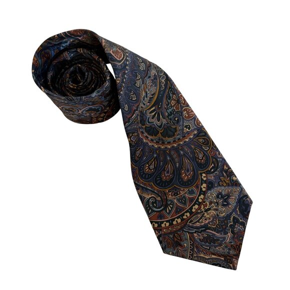 Manhattan Extra Long Paisley Tie Mens Poly Necktie USA Brown Blue Office Formal - Picture 1 of 8